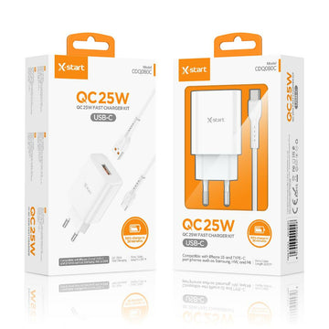 Incarcator Retea + Cablu USB-C X-Start CDQ080C, 25W, QC 3.0, 1xUSB-A, SuperFast - Alb