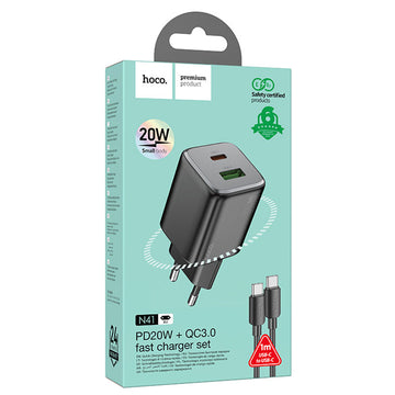 Incarcator Retea + Cablu USB-C Hoco N41, 20W, 1xUSB-C, 1xUSB-A, PD, QC 3.0 - Negru