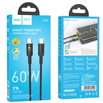 Cablu Date si Incarcare Hoco U120, USB-C, PD60W, QC3.0, 3A, LED Power, 1.2m - Negru
