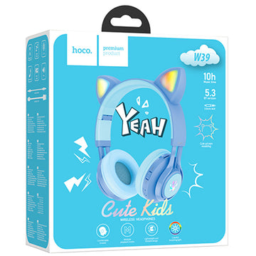Casti Wireless Hoco W39, KIDS, Over Ear, BT 5.3, Stand-By 120h, 400mAh, Cat Ears - Albastru