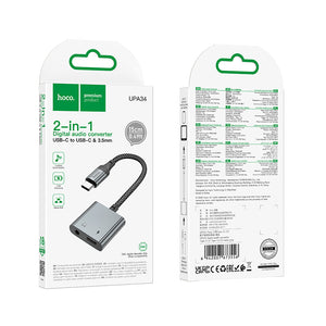 Adaptor Audio Digital Hoco UPA34, USB-C la USB-C + Jack 3.5mm, cu Microfon, Aluminiu, 15cm - Gri