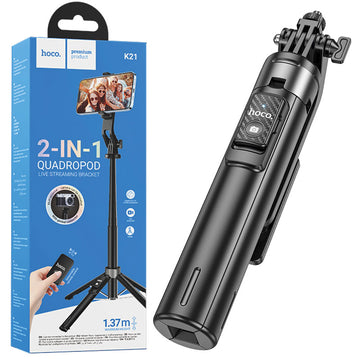 Suport Stand Hoco K21, tip Selfie, 2 in 1, Telescopic, Aluminiu, cu Telecomanda BT - Negru