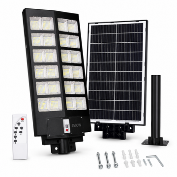 Lampă stradală solară LED 1500W cu telecomandă, senzor de mișcare, panou solar, protecție IP67, negru