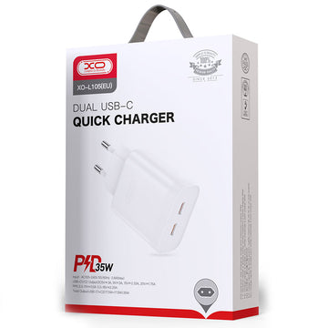 Incarcator Retea XO L105, 35W, 2xUSB-C, PD - Alb