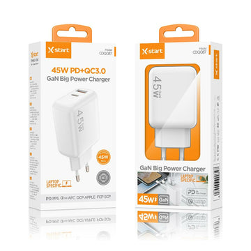 Incarcator Priza X-Start CDQ087, GaN 1xUSB-C, PD45W, 1xUSB-A, 18W, QC3.0, SuperFast - Alb