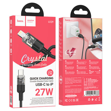 Cablu Date si Incarcare Hoco U129, USB-C la Lightning, PD27W, QC3.0, Crystal, 1.2m - Negru