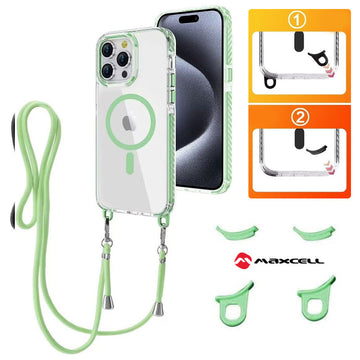 Husa MagFrame pentru iPhone 15, AntiDrop 2in1, Snur Detasabil - Transparent / Green Frame