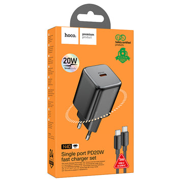 Incarcator Retea + Cablu USB-C Hoco N40, 20W, 1xUSB-C, PD - Negru