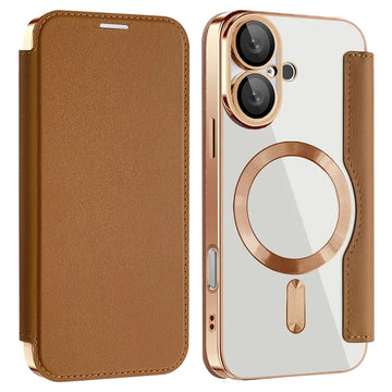 Husa MagFlip pentru iPhone 16, Magnet, RFID Protect, Piele, Chrome Edge - Auriu