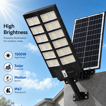 Lampă stradală solară LED 1500W cu telecomandă, senzor de mișcare, panou solar, protecție IP67, negru