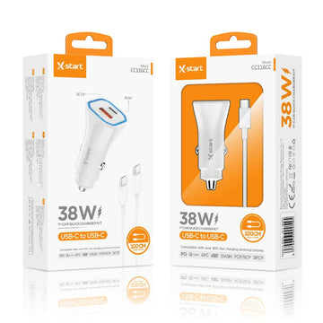 Incarcator Auto + Cablu USB-C X-Start CC116CC, 38W, 1xUSB-C, 1xUSB-A, QC 3.0, 1m - Alb