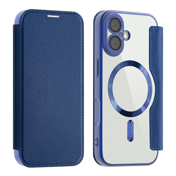 Husa MagFlip pentru iPhone 17, Magnet, RFID Protect, Piele, Chrome Edge - Bleumarin