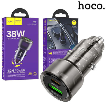 Incarcator Auto Hoco Z52, 38W, 1xUSB-C, 1xUSB QC3.0, Fast - Transparent / Negru