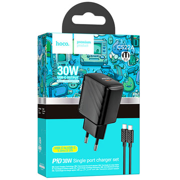Incarcator Retea + Cablu USB-C Hoco CS22A, 1m, PD30W, 1xUSB-C, QC/FCP/AFC - Negru