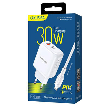 Incarcator Retea + Cablu Lightning Kaku KSC-670, 30W, 1xUSB-C, 1xUSB-A, PD, QC 3.0 - Alb