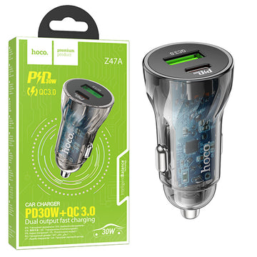 Incarcator Auto Hoco Z47A, 30W, 1xUSB-C, 1xUSB-A, PD, QC 3.0 - Negru