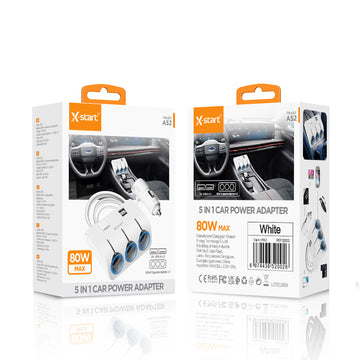 Incarcator Auto X-Start A52, 5 in 1, 80W, 2xUSB-A, 3 Splitter - Alb