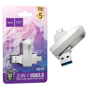 Stick Hoco UD10, Memory Stick, 32GB, Dual USB-C + USB-A 3.0, High Speed, Flash Drive - Argintiu