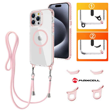 Husa MagFrame pentru iPhone 15, AntiDrop 2in1, Snur Detasabil - Transparent / Pink Frame