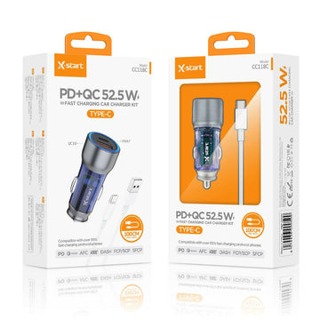 Incarcator Auto + Cablu USB-A la USB-C X-Start CC118C, 52.5W, 1xUSB-C, 1xUSB-A, QC 3.0, 1m - Alb