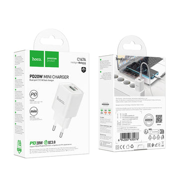 Incarcator Retea Hoco C147A, PD30W, 1xUSB-C, 1xUSB-A - Alb