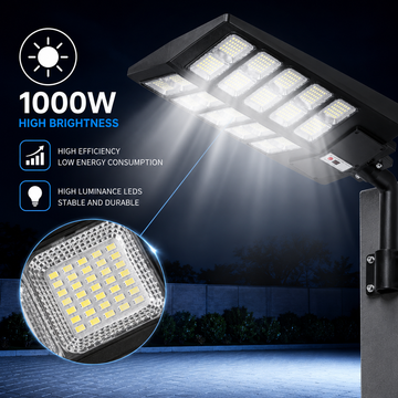 Lampă stradală solară LED 1000W cu telecomandă, senzor de mișcare, panou solar, protecție IP67, negru
