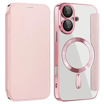Husa MagFlip pentru iPhone 16, Magnet, RFID Protect, Piele, Chrome Edge - Roz