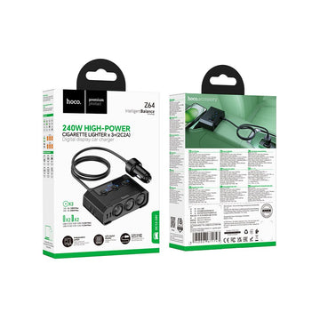 Incarcator Auto cu Fir Hoco Z64, 3 in 1, Multi Splitter, 240W, 3xsockets, 2xUSB-C, 2xUSB, Cablu 0.95m, Fast - Negru