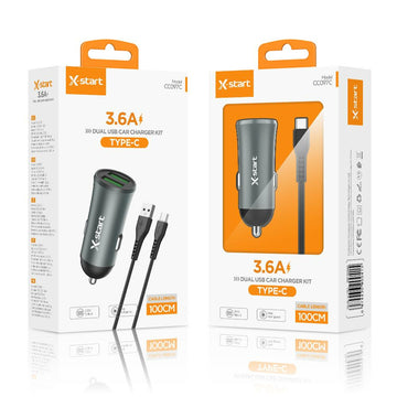 Incarcator Auto + Cablu USB-C X-Start CC097C, 2xUSB-A, 5V, 3.6A, 1m - Gray+Black