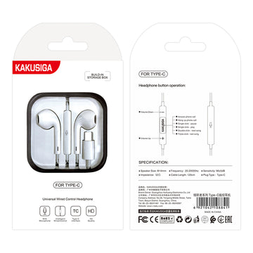 Casti cu Fir Kaku KSC-144, In Ear, USB-C, 1.2m, Mic & Volume Key, HiFI - Alb