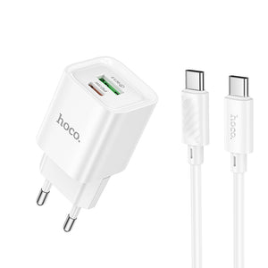 Incarcator Retea + Cablu USB-C Hoco C147A, 1m, PD20W, 1xUSB-C, 1xUSB-A - Alb