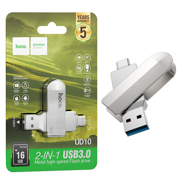 Stick Hoco UD10, Memory Stick, 16GB, Dual USB-C + USB-A 3.0, High Speed, Flash Drive - Argintiu