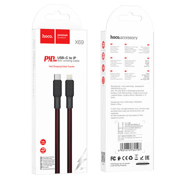 Cablu Date si Incarcare Hoco X69, USB-C la Lightning, PD20W, QC3.0, Flat, Braided, 1m - Negru / Rosu