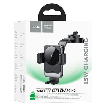 Suport Auto cu Incarcare Wireless Hoco HW14, cu Cleme Laterale, Montaj Bord, AutoGravity - Negru