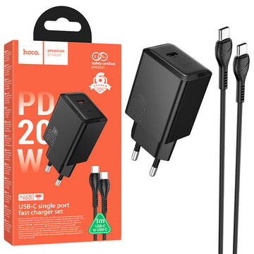 Incarcator Retea Hoco N68, PD20W, USB-C + Cablu USB-C, 1m, Fast Charging - Negru