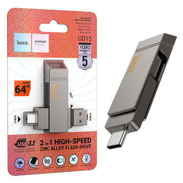 Stick Hoco UD15, Memory Stick, 64GB, Dual USB-C + USB-A 3.2, High Speed, Flash Drive - Gri