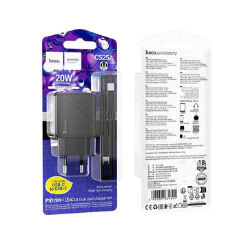 Incarcator Retea + Cablu Lightning Hoco CS25A, 1m, PD20W, 1xUSB-C, 1xUSB-A - Negru