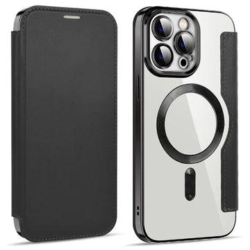 Husa MagFlip pentru iPhone 15 Pro, Magnet, RFID Protect, Piele, Chrome Edge - Negru