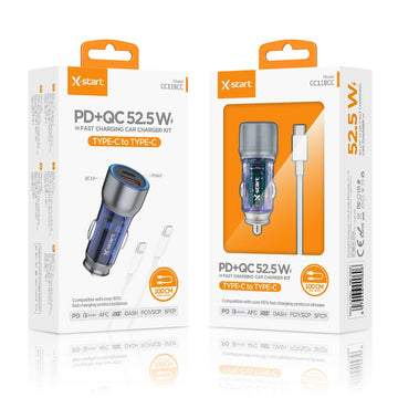 Incarcator Auto + Cablu USB-C X-Start CC118CC, 52.5W, 1xUSB-C, 1xUSB-A, QC 3.0, 1m - Alb