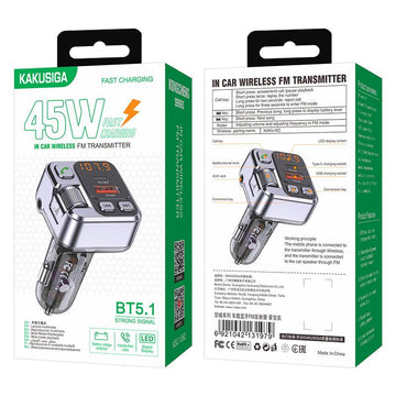 Modulator FM Kaku KSC-1062, 45W, 1xUSB-C, 1xUSB-A, QC 3.0, Functie HandsFree - Argintiu