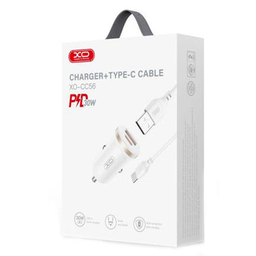 Incarcator Auto + Cablu USB-C XO CC56, 30W, 1xUSB-C, 1xUSB-A, PD, QC 3.0, Compact - Alb