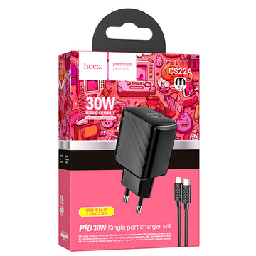 Incarcator Retea + Cablu Lightning Hoco CS22A, 1m, PD30W, 1xUSB-C, QC/FCP/AFC - Negru