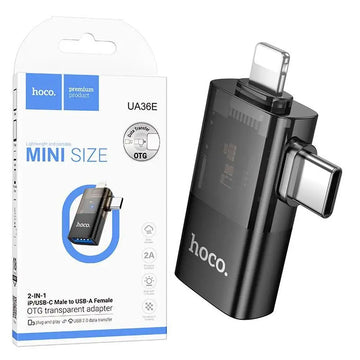 Adaptor OTG Transfer/Incarcare Hoco UA36E, USB-C/Lightning la USB-A - Negru