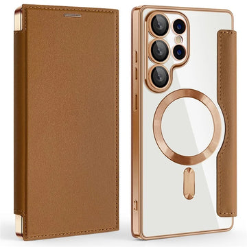 Husa MagFlip pentru Samsung S25 Ultra, Magnet, RFID Protect, Piele, Chrome Edge - Auriu
