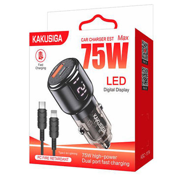 Incarcator Auto + Cablu Lightning Kaku KSC-1174, 75W, 1xUSB-C, 1xUSB-A, LED Power - Negru