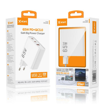 Incarcator Priza X-Start CDQ088, GaN 65W, 2xUSB-C, 1xUSB-A, 20W, QC3.0, SuperFast - Alb