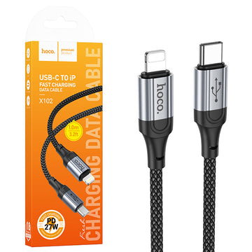 Cablu Date si Incarcare Hoco X102, USB-C la Lightning, PD27W, QC3.0, Braided, 1m - Negru