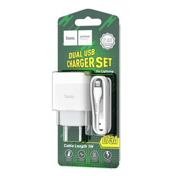 Incarcator Retea + Cablu Lightning Hoco C73A, 18W, 2.4A, 2xUSB-A, QC 3.0 - Alb