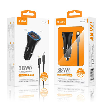 Incarcator Auto + Cablu USB-A la Lightning X-Start CC116L, 38W, 1xUSB-C, 1xUSB-A, QC 3.0, 1m - Negru