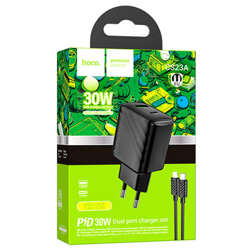 Incarcator Retea + Cablu Lightning Hoco CS23A, PD30W, 1xUSB-C, 1xUSB-A, FCP/AFC - Negru
